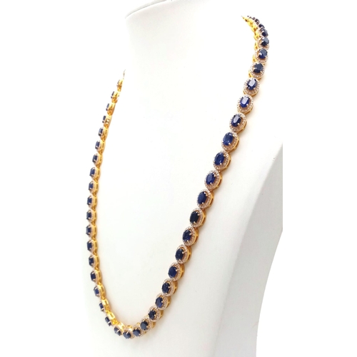 122 - A Captivating Blue Sapphire and Diamond Necklace with Matching Earrings - set in Gold Plated 925 Sil... 