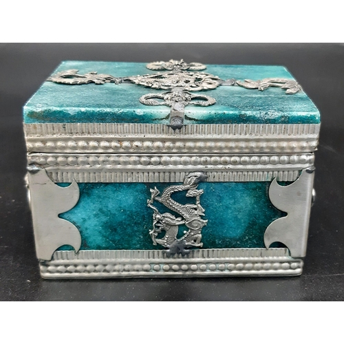 145 - An Antique Beautiful Chinese Alabaster Trinket Box with Ornate Silver Dragon and Lion Decoration. Si... 