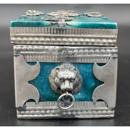 145 - An Antique Beautiful Chinese Alabaster Trinket Box with Ornate Silver Dragon and Lion Decoration. Si... 