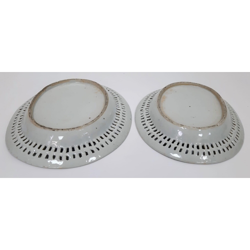 106 - An Early 19th Century Chinese Graduated Set of Two Pierced Blue and White Dishes. 22cm and 25cm.