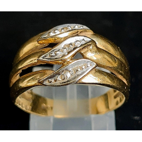 16 - A 9K Yellow Gold Three Diamond Wave Ring. Size O. 4g total weight.