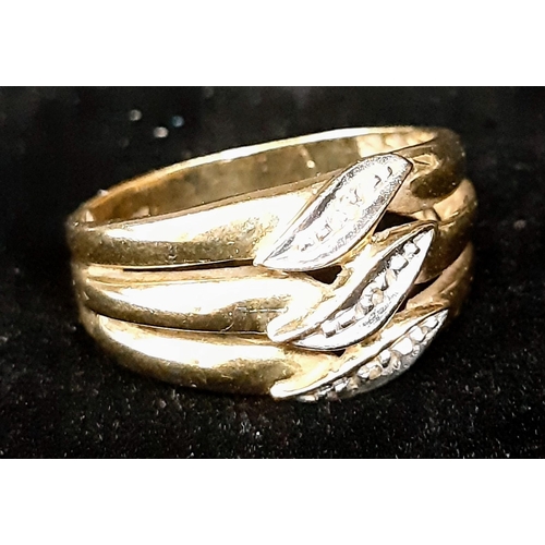 16 - A 9K Yellow Gold Three Diamond Wave Ring. Size O. 4g total weight.