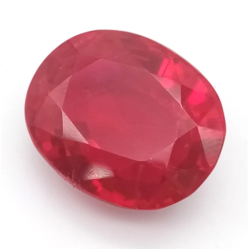 154 - A high quality, large (31.7 carats), pigeon blood red ruby. Oval cut, lab created, with excellent co... 