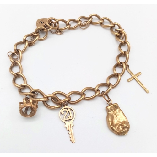 37 - A Vintage 9K Yellow Gold Charm Bracelet with Heart Clasp. Four charms. 16.3g total weight.