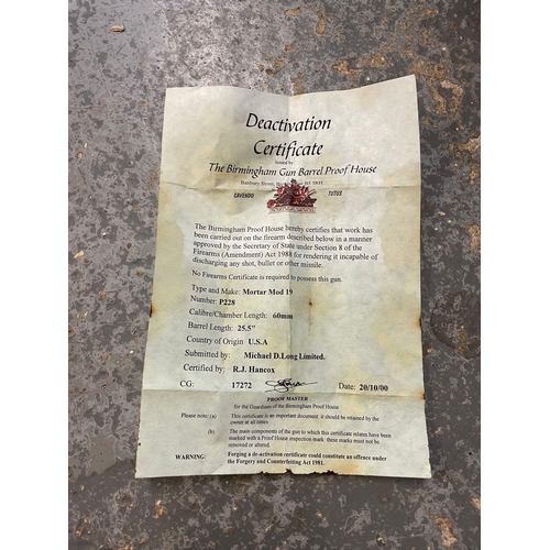 237 - A Deactivated 60mm Mortar with Base. In good condition. UK and EU sales. Ref: ML14.