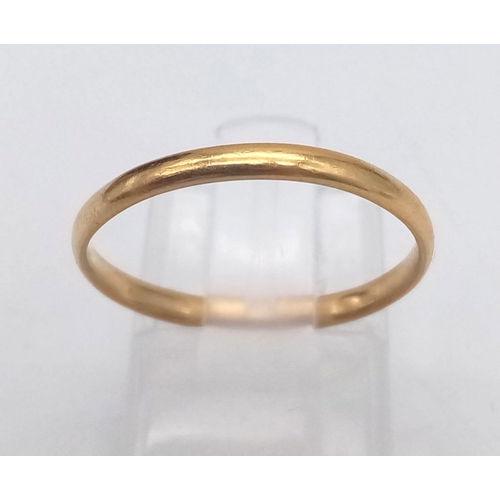 46 - A Vintage 22K Yellow Gold Thin Band Ring. Size O. 1.76g