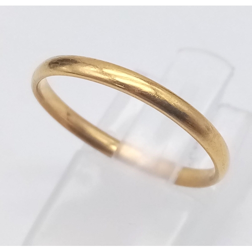 46 - A Vintage 22K Yellow Gold Thin Band Ring. Size O. 1.76g