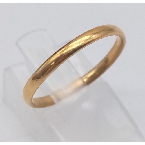 46 - A Vintage 22K Yellow Gold Thin Band Ring. Size O. 1.76g