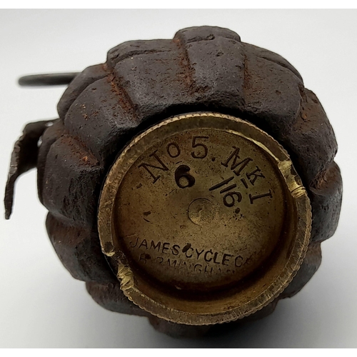 228 - INERT WW1 Semi Relic No 5 Mills Grenade Dated June 1916. Maker James Cycles Birmingham. No internals... 