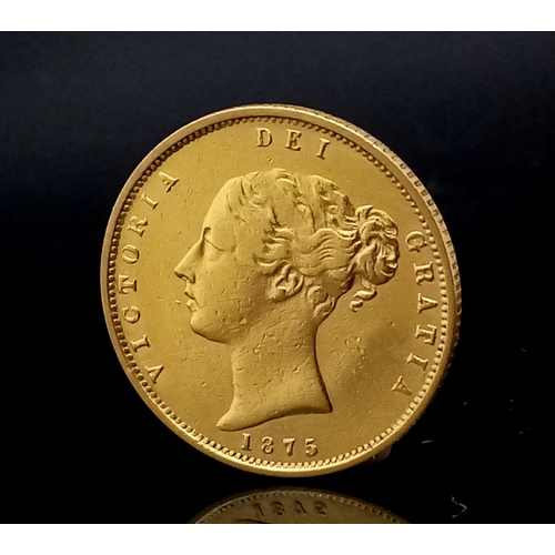 50 - An Antique Victorian 1875 22k Gold Half Sovereign. Young head, shield back. EF condition but please ... 