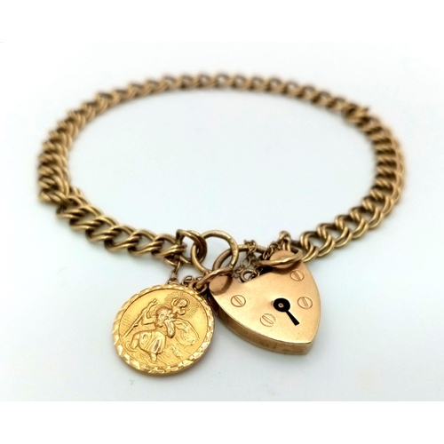 64 - A Vintage 9K Yellow Gold Bracelet with Heart Clasp and St. Christopher Charm. 18cm. 9.6g total weigh... 