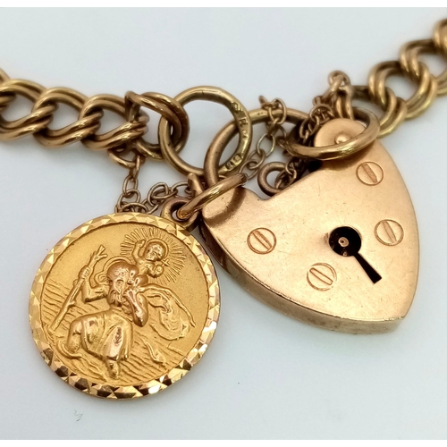 64 - A Vintage 9K Yellow Gold Bracelet with Heart Clasp and St. Christopher Charm. 18cm. 9.6g total weigh... 