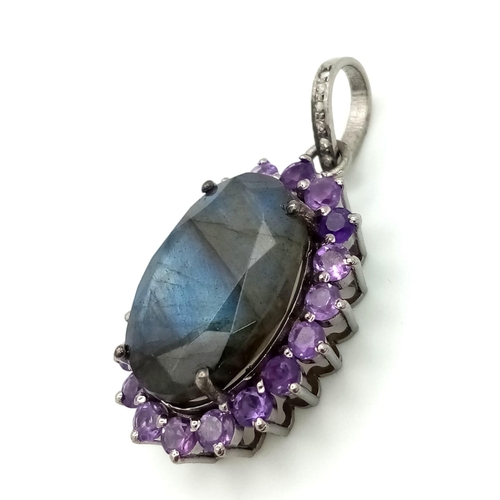 936 - A Labradorite and Amethyst Pendant with Rose cut Diamonds set in 925 Sterling silver. 17.50ct gems. ... 