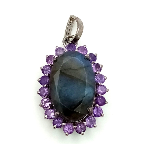 936 - A Labradorite and Amethyst Pendant with Rose cut Diamonds set in 925 Sterling silver. 17.50ct gems. ... 