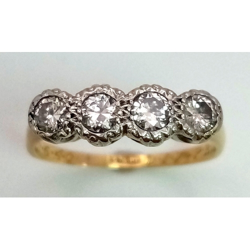 108 - A VINTAGE 18K YELLOW GOLD & PLATINUM  4 STONE DIAMOND RING, APPROX 0.35CT DIAMONDS, WEIGHT 3.1G SIZE... 