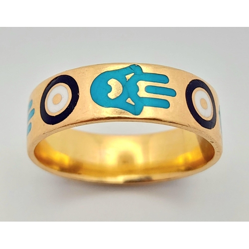 19 - 20K GOLD HAMSA HAND AND EVIL EYE DESIGN BAND RING 6.4G SIZE R