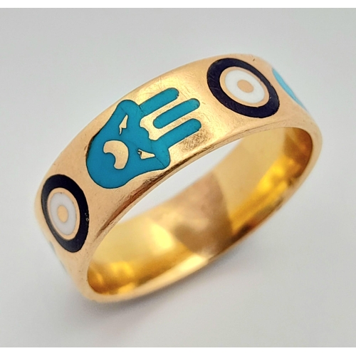 19 - 20K GOLD HAMSA HAND AND EVIL EYE DESIGN BAND RING 6.4G SIZE R