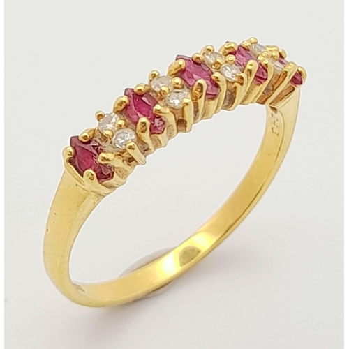 229 - 18K YELLOW GOLD DIAMOND & RUBY RING, 5 X MARQUISE SHAPED DIAMONDS AND APPROX 0.35CT RUBIES, WEIGHT 3... 