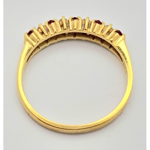 229 - 18K YELLOW GOLD DIAMOND & RUBY RING, 5 X MARQUISE SHAPED DIAMONDS AND APPROX 0.35CT RUBIES, WEIGHT 3... 