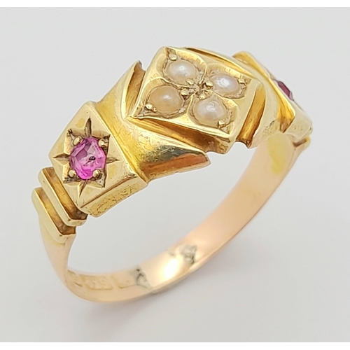 236 - A LOVELY ANTIQUE 14K YELLOW GOLD RUBY & SEED PEARL RING, WEIGHT 3G SIZE P