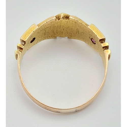 236 - A LOVELY ANTIQUE 14K YELLOW GOLD RUBY & SEED PEARL RING, WEIGHT 3G SIZE P