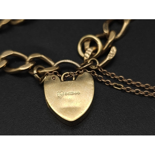 33 - 9K YELLOW GOLD CHARM BRACELET WITH PADLOCK CLASP AND SAFETY CHAIN, WEIGHT 11.5G