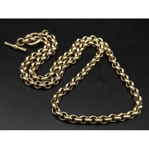 5 - A HEAVY VINTAGE 9K YELLOW GOLD SOLID BELCHER NECKLACE WITH T BAR FIXING, WEIGHT 62.1G AND 50CM LONG ... 