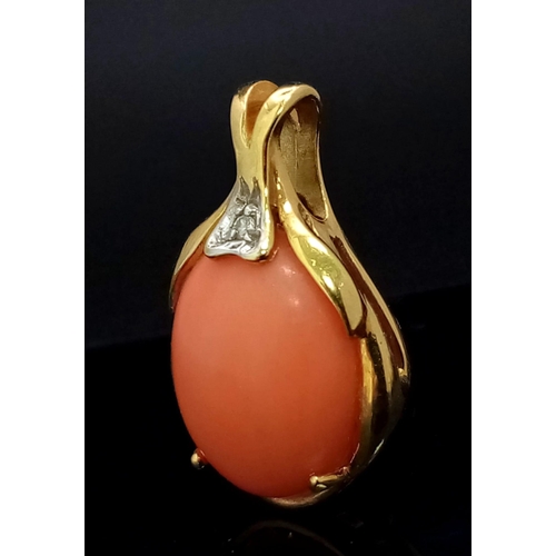 75 - 18k yellow gold coral and diamond pendant 3.3g.