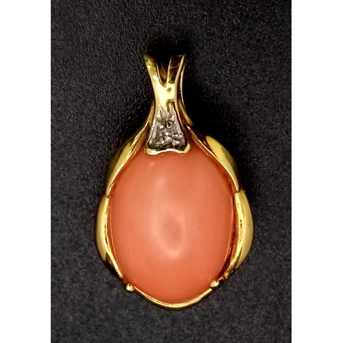 75 - 18k yellow gold coral and diamond pendant 3.3g.