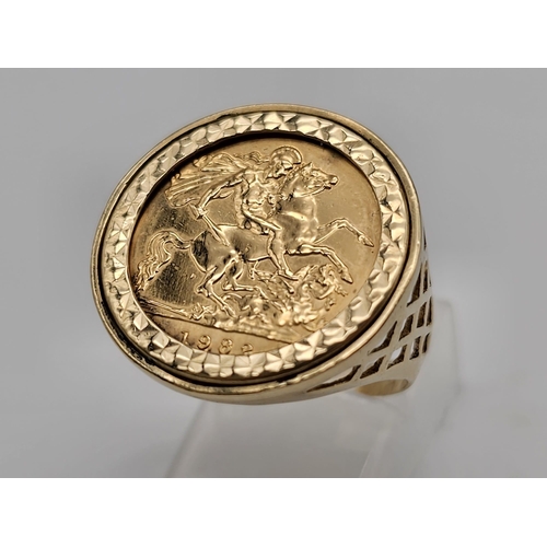 96 - 22k yellow gold half sovereign coin, dated 1982 with Queen Elizabeth, set into a 9k yellow gold ring... 