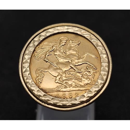 96 - 22k yellow gold half sovereign coin, dated 1982 with Queen Elizabeth, set into a 9k yellow gold ring... 