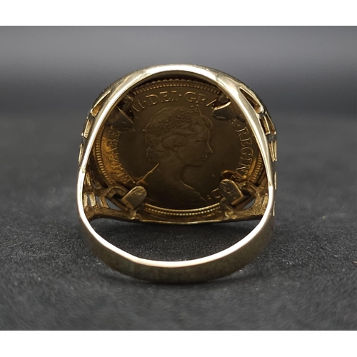 96 - 22k yellow gold half sovereign coin, dated 1982 with Queen Elizabeth, set into a 9k yellow gold ring... 