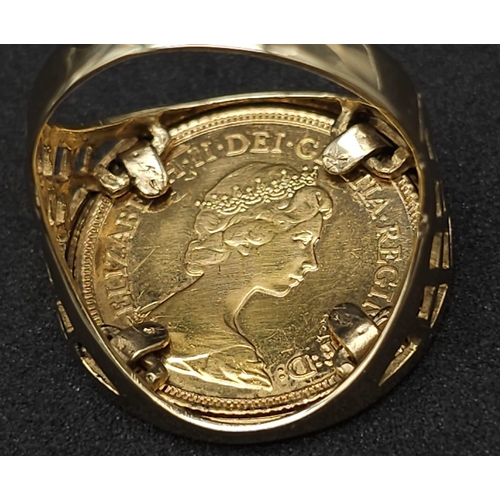 96 - 22k yellow gold half sovereign coin, dated 1982 with Queen Elizabeth, set into a 9k yellow gold ring... 