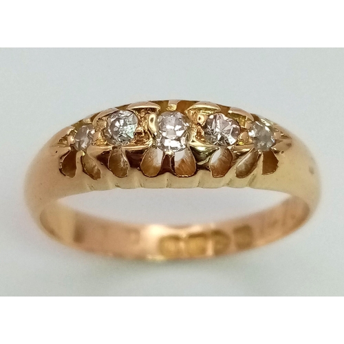 187 - AN ANTIQUE 18K YELLOW GOLD OLD CUT DIAMOND RING, WITH 5 STONE OF APPROX 0.20CT DIAMONDS, WEIGHT 3.6G... 