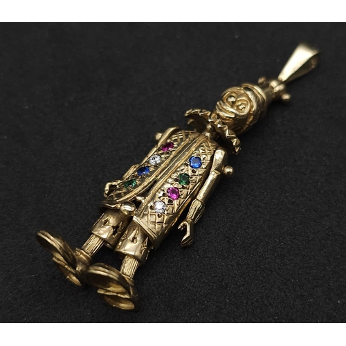 194 - A LARGE 9K YELLOW GOLD GEM SET CLOWN PENDANT, WEIGHT 9.7G AND 5CM LONG APPROX