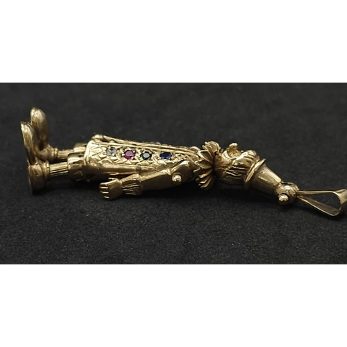 194 - A LARGE 9K YELLOW GOLD GEM SET CLOWN PENDANT, WEIGHT 9.7G AND 5CM LONG APPROX