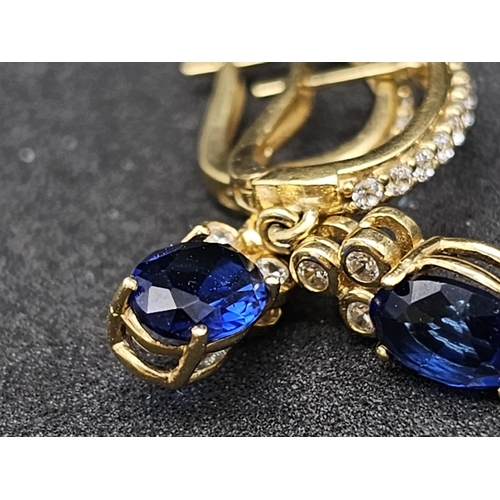 208 - PAIR OF 18K YELLOW GOLD STONE SET DROP EARRINGS, WEIGHT  3.5G, 22MM DROP APPROX