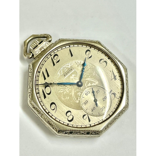 36 - An art deco 14ct white gold Elgin pocket watch, working condition ( movement holder is metal).  44mm... 