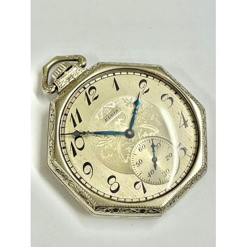 36 - An art deco 14ct white gold Elgin pocket watch, working condition ( movement holder is metal).  44mm... 