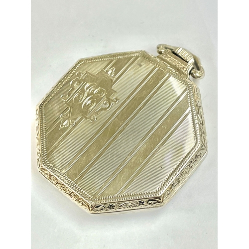 36 - An art deco 14ct white gold Elgin pocket watch, working condition ( movement holder is metal).  44mm... 