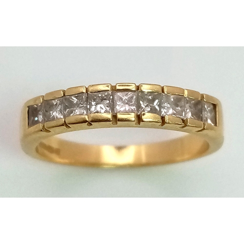 136 - 18K YELLOW GOLD PRINCESS CUT DIAMOND HALF ETERNITY RING, APPROX 0.70CT DIAMONDS, WEIGHT 3.1G SIZE L