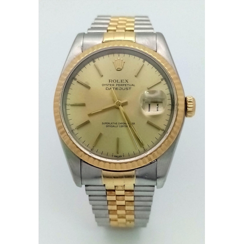 179 - A ROLEX OYSTER PERPETUAL DATEJUST IN BI-METAL WITH GOLDTONE DIAL IN ORIGINAL BOX .  36mm