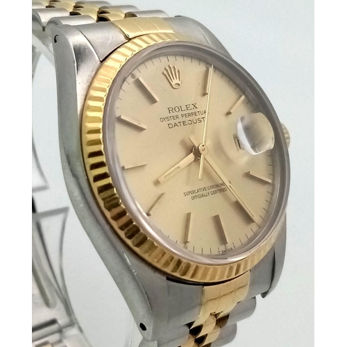 179 - A ROLEX OYSTER PERPETUAL DATEJUST IN BI-METAL WITH GOLDTONE DIAL IN ORIGINAL BOX .  36mm