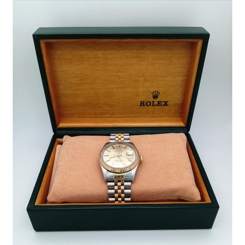 179 - A ROLEX OYSTER PERPETUAL DATEJUST IN BI-METAL WITH GOLDTONE DIAL IN ORIGINAL BOX .  36mm