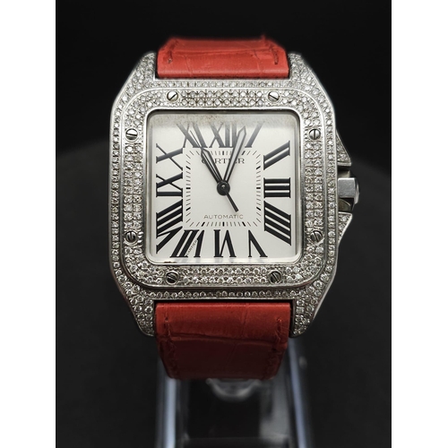 58 - A Cartier Santos 100 Automatic Diamond Watch. Cartier leather strap. Large stainless steel case - 38... 