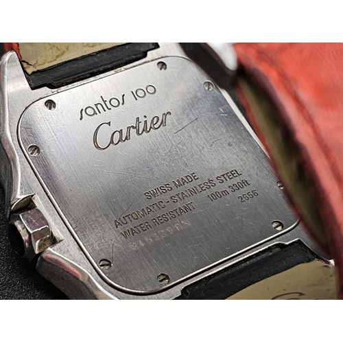 58 - A Cartier Santos 100 Automatic Diamond Watch. Cartier leather strap. Large stainless steel case - 38... 