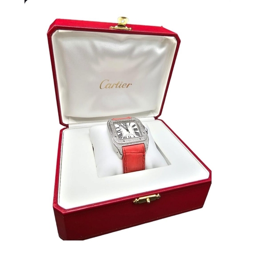 58 - A Cartier Santos 100 Automatic Diamond Watch. Cartier leather strap. Large stainless steel case - 38... 