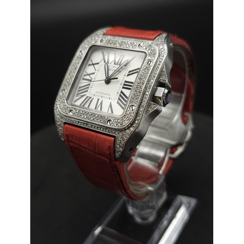 58 - A Cartier Santos 100 Automatic Diamond Watch. Cartier leather strap. Large stainless steel case - 38... 