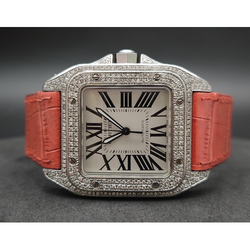 58 - A Cartier Santos 100 Automatic Diamond Watch. Cartier leather strap. Large stainless steel case - 38... 