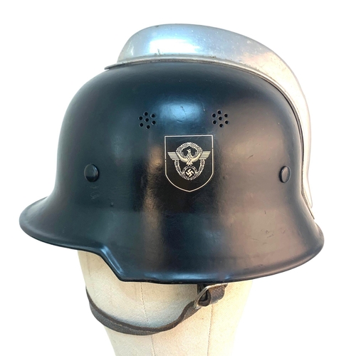 13 - 3rd Reich Fire Crew Helmet. A beautiful example with double decals and leather nape protector.